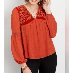 Maurices Boho Top Women's Large Burnt Orange Velvet Embroidered Balloon Sleeve